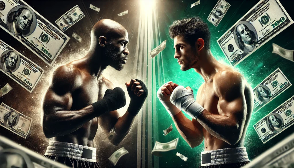 Two boxers staring down on each other with money floating in the background.