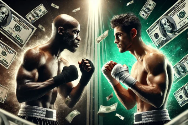 Two boxers staring down on each other with money floating in the background.